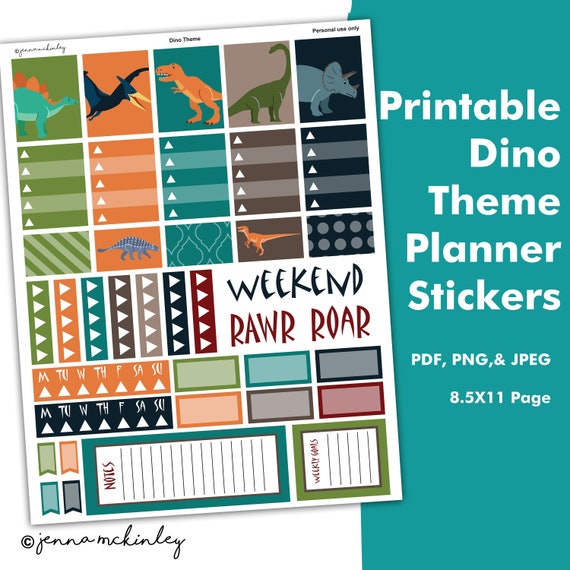 Printable Planner Stickers - Dinosaur Theme - Instant Download - Bujo Calendar Schedule Organization Weekly Layout Spread Bullet Journal Il_570xn