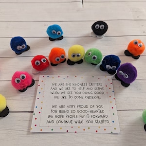 Set of 10 Kindness Critters with Poem, Warm Fuzzies, Random Assorted Colors, Pom Pom Creatures, Kids Service Reward, School, Prizes