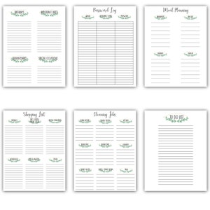 May include: A printable planner with sections for birthdays, important dates, anniversaries, special occasions, passwords, meal planning, shopping lists, cleaning jobs, and a to-do list. Each section has a decorative border with green leaves.