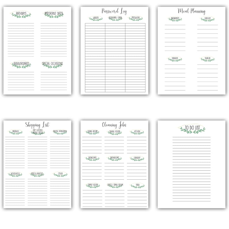 May include: A printable planner with sections for birthdays, important dates, anniversaries, special occasions, passwords, meal planning, shopping lists, cleaning jobs, and a to-do list. Each section has a decorative border with green leaves.