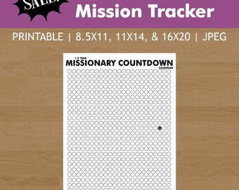 Puede incluir: Un rastreador de misiones imprimible con el texto "1.5 YR LDS Mission Tracker" y "Missionary Countdown Calendar". El rastreador presenta una cuadrícula de círculos para marcar el progreso. Una pancarta "SALE!" está en la parte superior izquierda.