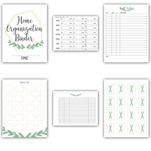 May include: Printable home organization binder with a green leafy design and the text "Home Organization Binder FAMILY". The binder includes pages for a bucket list, a calorie tracker, a weight tracker, and a blank page with lines.