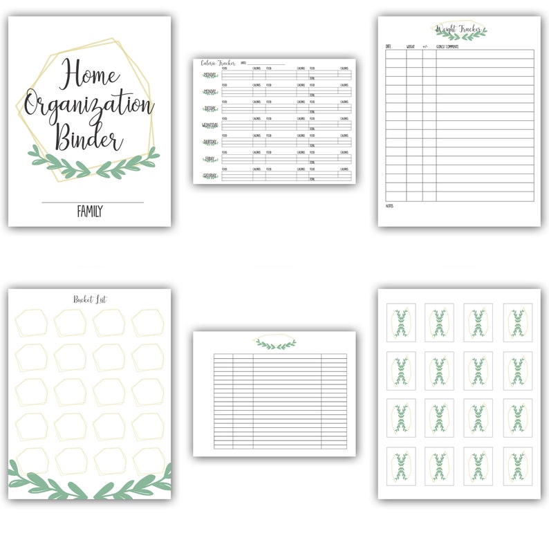 May include: Printable home organization binder with a green leafy design and the text "Home Organization Binder FAMILY". The binder includes pages for a bucket list, a calorie tracker, a weight tracker, and a blank page with lines.