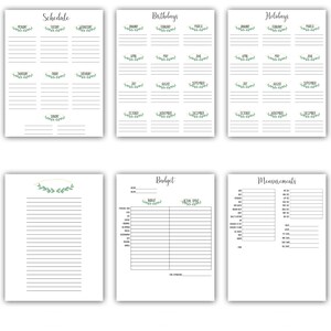 May include: A printable planner with sections for schedule, birthdays, holidays, budget, and measurements. The planner has a simple design with green leaves and a white background.