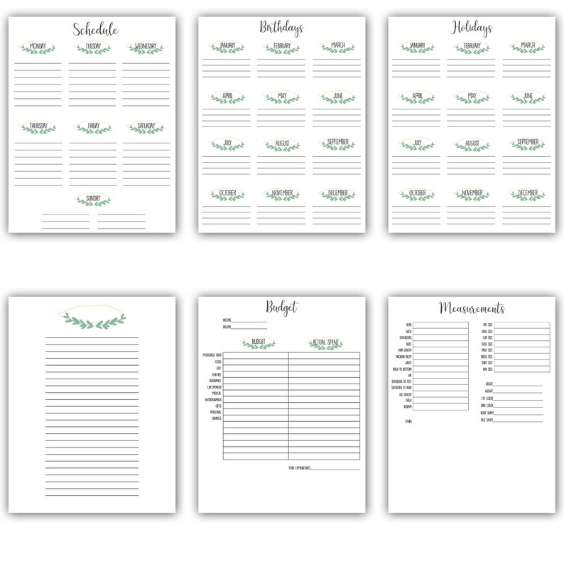 May include: A printable planner with sections for schedule, birthdays, holidays, budget, and measurements. The planner has a simple design with green leaves and a white background.