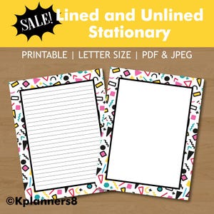 May include: Two sheets of printable stationery, one lined and one unlined, featuring a white center bordered by a pattern of colorful geometric shapes including pink squares, yellow rectangles, and black squiggles. Text reads Lined and Unlined Stationary.