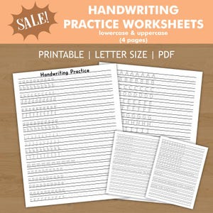May include: Handwriting practice worksheets with lowercase and uppercase letters. The worksheets are printable and letter size. The image shows several pages with lines and letter examples for handwriting practice. The word "SALE!" is in the upper left corner.