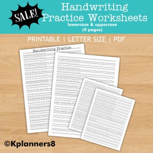 May include: A collection of white handwriting practice worksheets featuring lowercase and uppercase letters. The worksheets are labelled "Handwriting Practice" and have lines for writing. The image also includes the text "SALE!" and "PRINTABLE | LETTER SIZE | PDF".