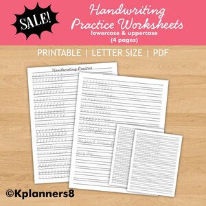 May include: A set of printable handwriting practice worksheets for lowercase and uppercase letters. The worksheets are letter size and feature the text "Handwriting Practice" and "the quick brown fox lazy dog". A black starburst graphic with "SALE!" is in the upper left.