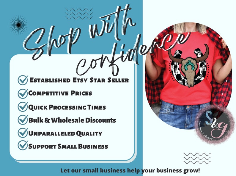 May include: Red t-shirt with a bull skull and horseshoe graphic. The image includes text that says "Shop with confidence" and lists Etsy Star Seller status, competitive prices, quick processing times, bulk discounts, unparalleled quality, and support small business.