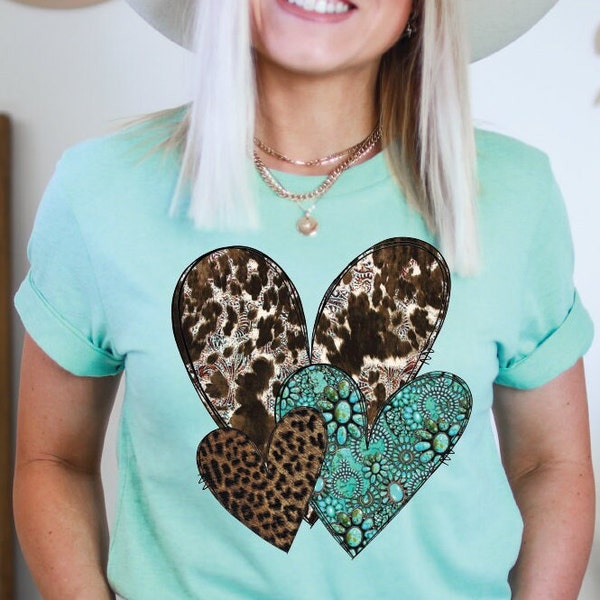 Cowhide heart, cheetah, tooled leather sublimation transfer | Cute design | navajo turquoise | Western Design | Southwest leopard | 3 hearts