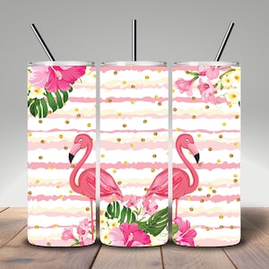 May include: Three pink stainless steel tumblers with a pink and white striped background, gold glitter, and pink flamingos. The tumblers have a floral design with pink hibiscus flowers.