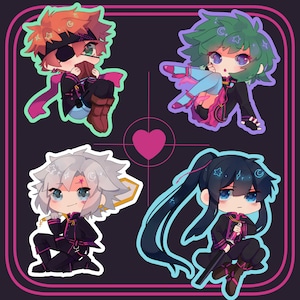 May include: Four chibi-style character stickers on a dark purple background with a pink border. Each character has unique hair and clothing, with stars and moons. A pink heart and crosshairs are in the center.