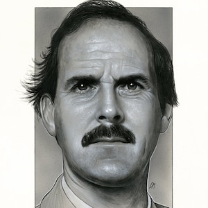 Può includere: Disegno a matita in bianco e nero di un uomo con i baffi. Indossa una giacca da abito e una camicia bianca. Il disegno è firmato con la lettera "M".