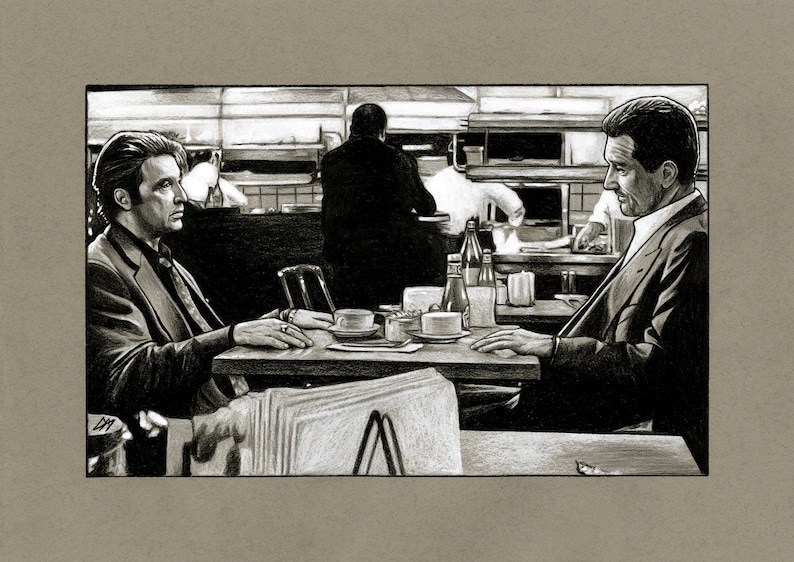 May include: A black and white illustration of two men sitting at a table in a diner. The men are talking and drinking coffee. The diner is busy with other customers and staff.