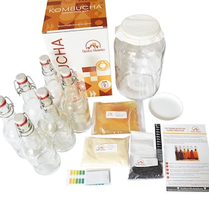 Bucha Brewers Deluxe Kombucha Starter Kit, Kombucha Kit with Bottles Swing Top Glass Bottles Kombucha Brewing Kit + 6 Bottles SCOBY Starter