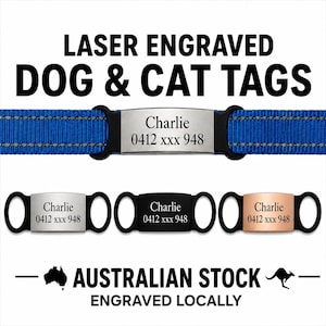 May include: Laser engraved dog and cat tags featuring a rectangular metal plate with the name Charlie and a phone number. The tags are shown in silver, black, and rose gold, attached to a blue collar. Text reads LASER ENGRAVED DOG & CAT TAGS.