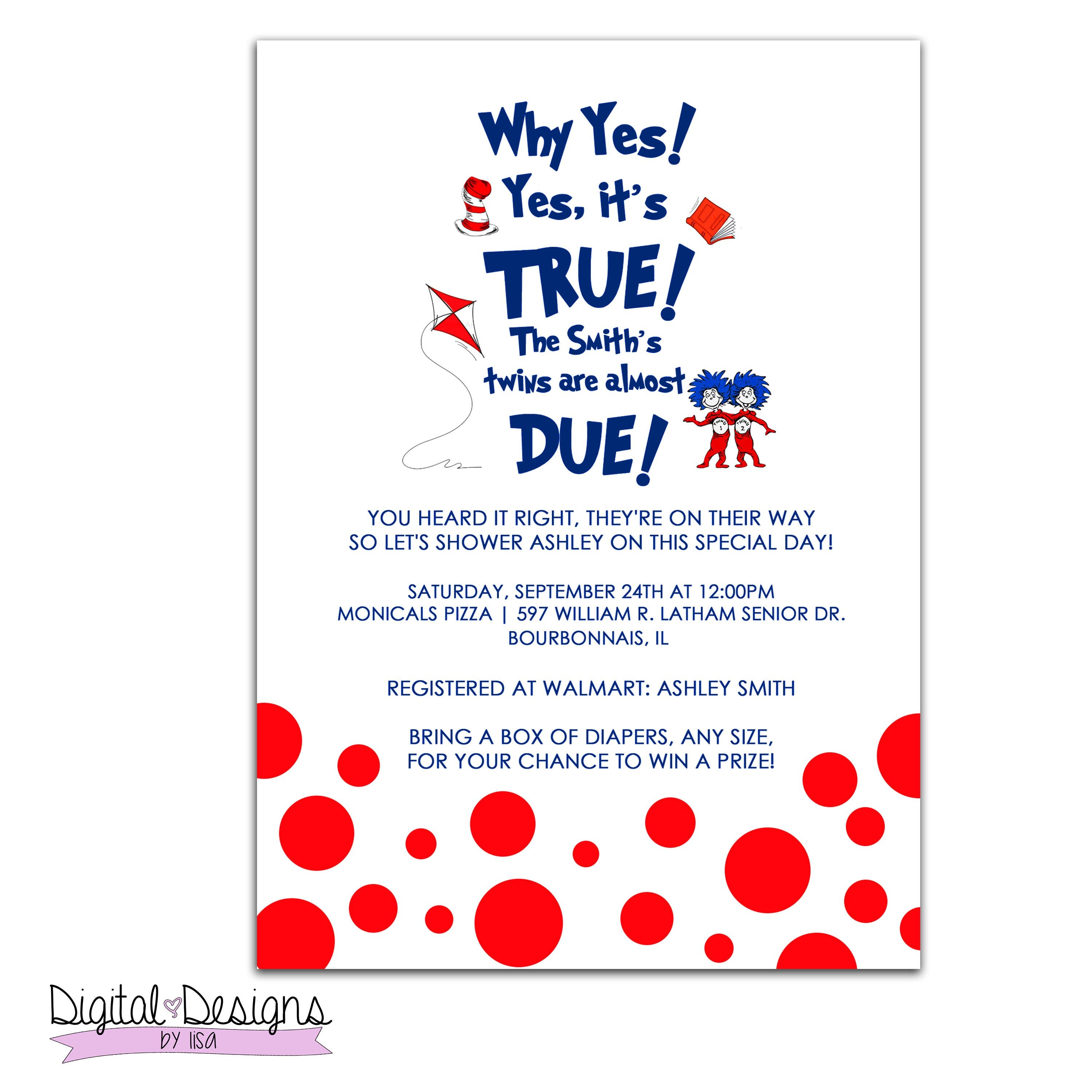 Dr Seuss Twin Baby Shower Baby Shower Invitation Thing 1 Etsy