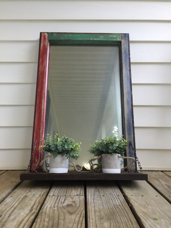Vintage Window Frame Mirror With Shelf