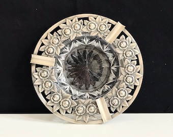 Antique Art Deco crystal ashtray / silver colored fittings, rose decor / 3 cigarette holders / vintage