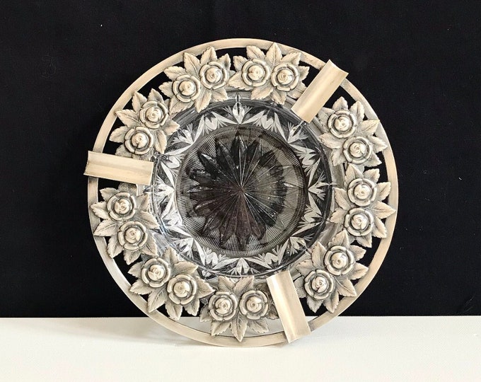 Antique Art Deco crystal ashtray / silver colored fittings, rose decor / 3 cigarette holders / vintage
