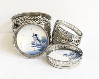 Vintage ceramic coaster set, Delft Holland, hand painted / windmill motif, bottle holder & glass coaster