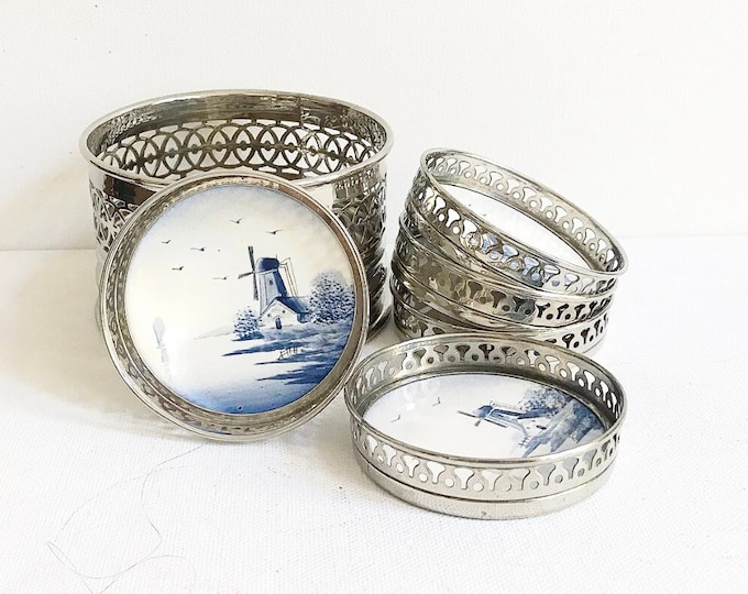 Vintage ceramic coaster set, Delft Holland, hand painted / windmill motif, bottle holder & glass coaster