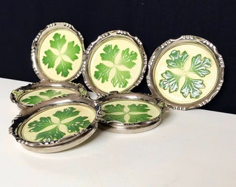Antique Art Nouveau metal - ceramic coasters / cloverleaf motif, green