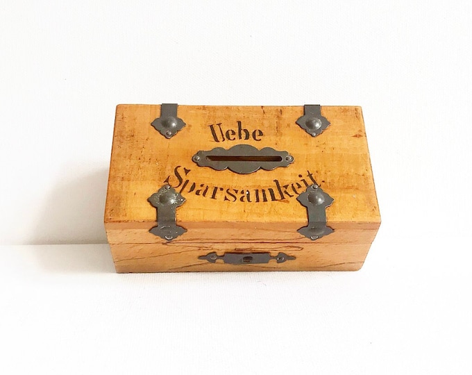 Antique wooden savings chest "Practice thrift" / money box made of wood