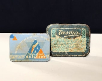 Antique Art Deco tin cans, France / "a fin bei il faut Antoine" / Tasma Eucalyptus / Medicine tin vintage