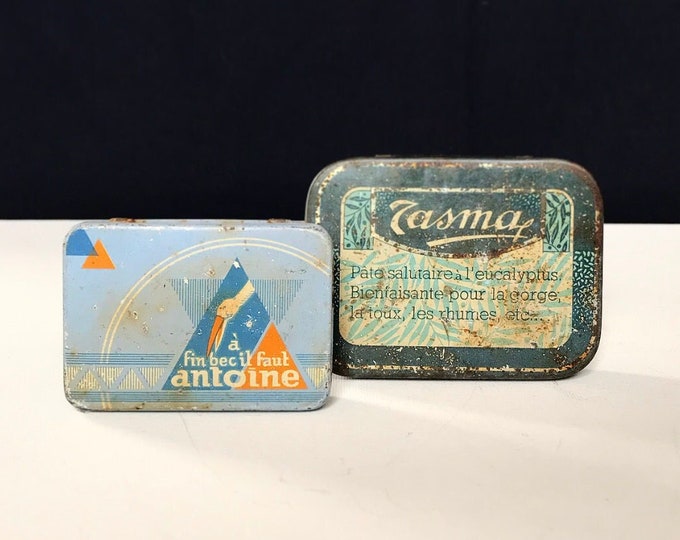 Antique Art Deco tin cans, France / "a fin bei il faut Antoine" / Tasma Eucalyptus / Medicine tin vintage