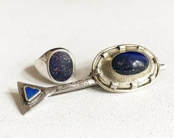 Vintage Lapis Lazuli Edelstein Brosche / Cabochon / Stabbrosche / Ovale Brosche / Siegelring 925 Sterling Silber / 835/800 Silber