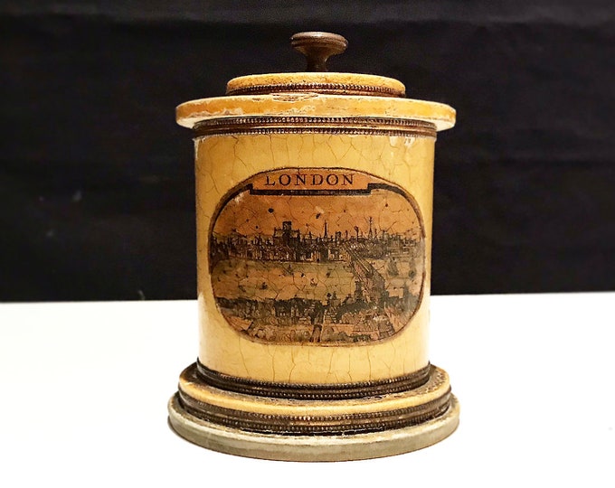 Antique Tobacco Box / Paper Mache / London / Tobacco Box / Pipe Tobacco Lid Box / Snuff / Vintage Craquelure