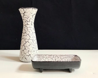 Vintage ceramic Jasba Cortina vase in cracked look, model 002/19 with tray / craquele look