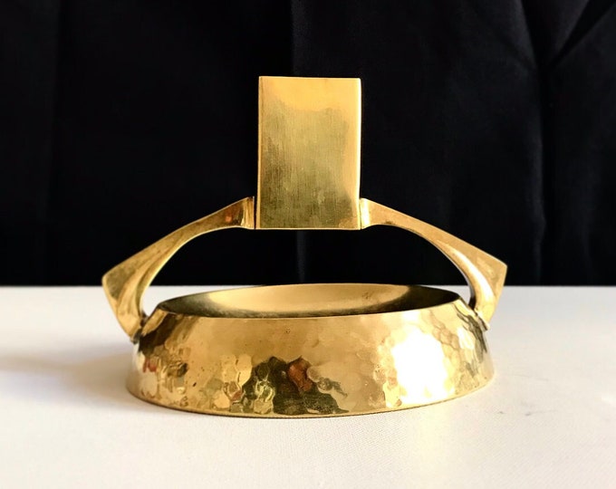 Antique solid brass ashtray with integrated matchbox holder / art deco, art nouveau / hammered
