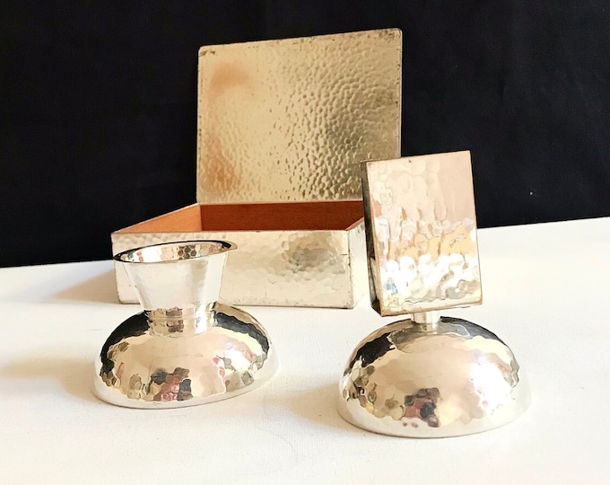 Vintage WMF Art Deco Hammerschlag smoking set, silver plated / cigar humidor / matchbox holder and candle holder
