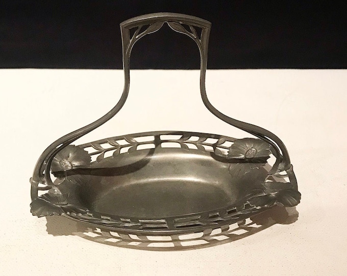 Antik ORIVIT - handle bowl with floral Art Nouveau motif / model "3114" / pewter bowl / handle basket / handle bowl / basket