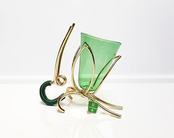 Vintage Mid Century pretzel sticks jar / container for snacks, brass frame - green