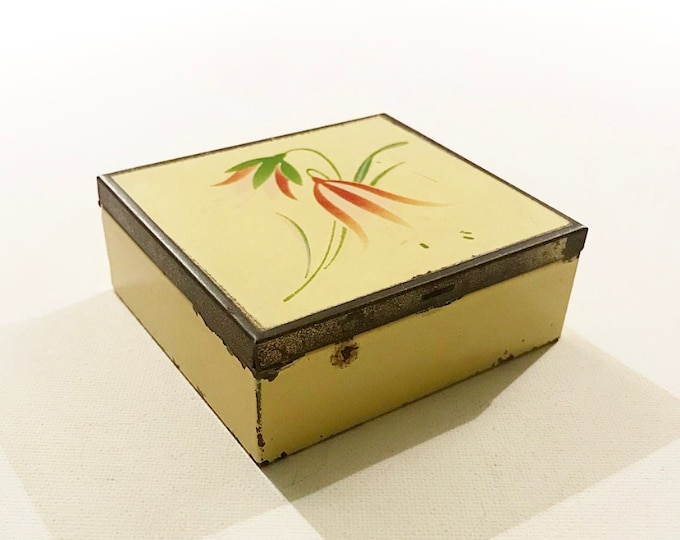 Antique Art Deco jewelry box made of metal / airbrush flower motif / casket / box