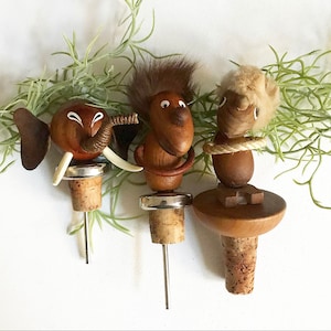 Vintage Liquor Pourer / Decorative Bottle Corks / Optimist & Pessimist / Teak Elephant /Bojesen Bolling /Danish Design /Teak Wood Figure/60s