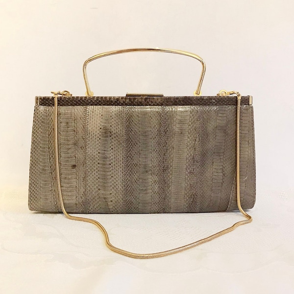 Vintage / graue Schlangen Leder Clutch mit Bügelgriff und Schlangenkette, gold / Börse / Handtasche / Abendtasche