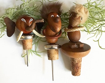 Vintage Liquor Pourer / Decorative Bottle Corks / Optimist & Pessimist / Teak Elephant /Bojesen Bolling /Danish Design /Teak Wood Figure/60s