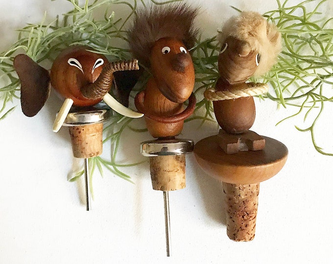 Vintage Liquor Pourer / Decorative Bottle Corks / Optimist & Pessimist / Teak Elephant /Bojesen Bolling /Danish Design /Teak Wood Figure/60s