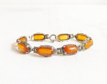 Antique Art Deco amber 835 silver bracelet with marcasites, link bracelet real silver