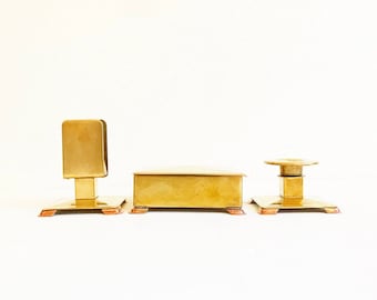Antique Art Deco smoking set - matchbox holder, cigarette storage & candle holder made of brass and copper / Tobacciana