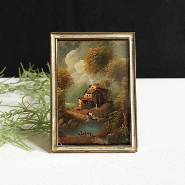 Vintage Miniatur Ölgemälde / Kleine Bucht / See / Landschaft / signiert