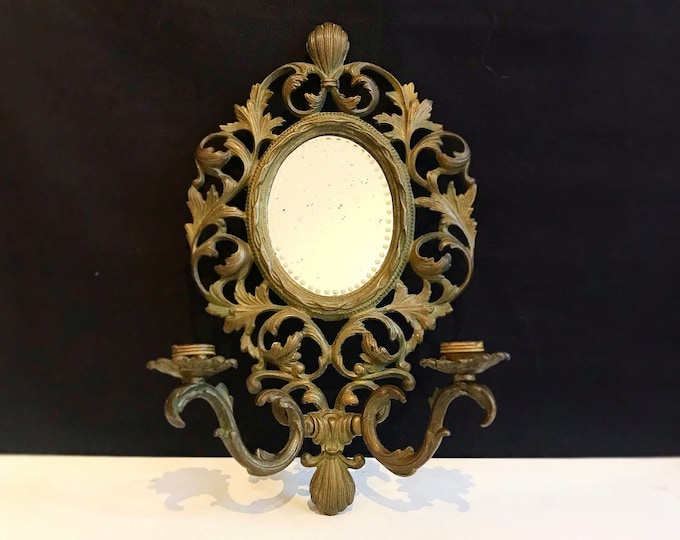 Vintage wall sconce, candle holder with mirror in Rococo style / brass bronze