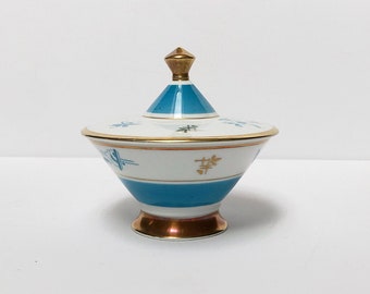 Antik Art Deco Porzellan Bonboniere, Hertel-Jacob Rehau, Bavaria Deckeldose, Hellblau-weiss-goldfarben