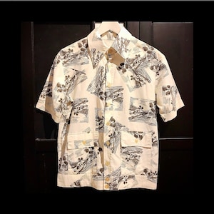 True Vintage men&#39;s shirt, short sleeves, house - boat - motif, cream - black / 100% cotton / 50&#39;s fashion, retro