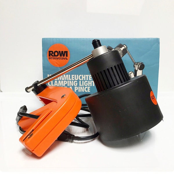 Vintage ROWI 1008 clamp lamp, adjustable / in original packaging / retro lamp, orange / space age